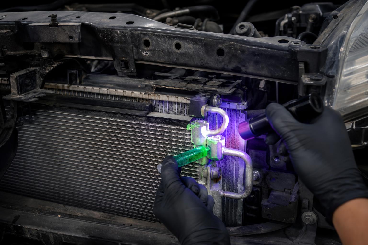 Technician using UV dye and a leak detection light on an air conditioning condenser in Boulder