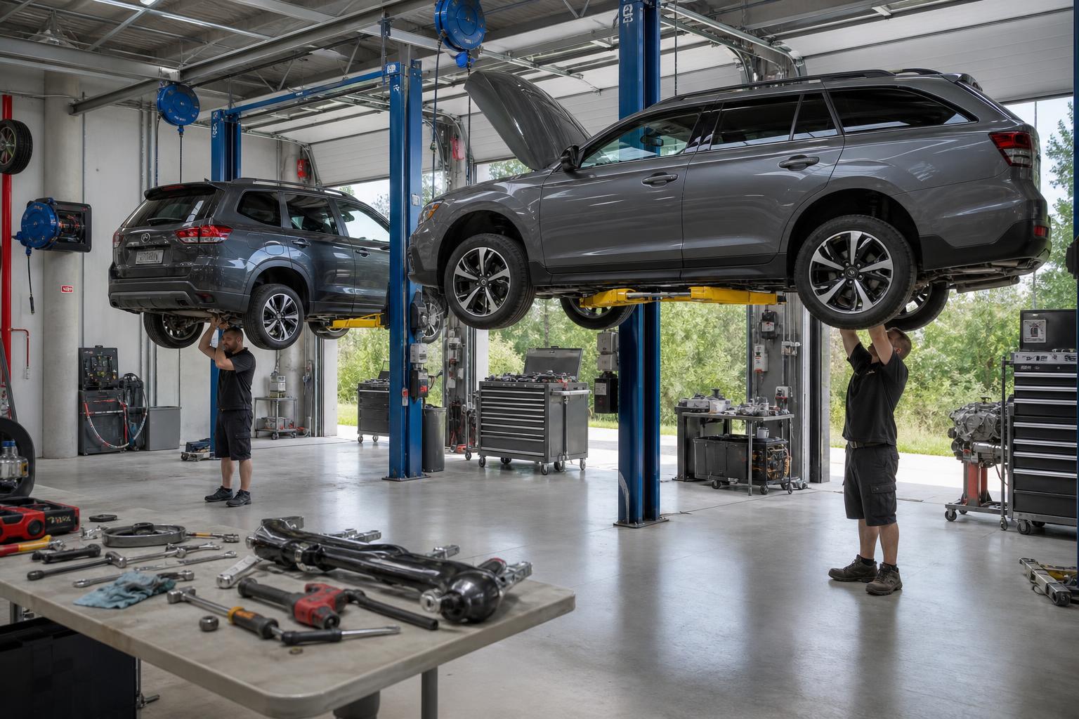 Two vehicles on lifts being serviced by technicians at an independent auto repair shop in Boulder