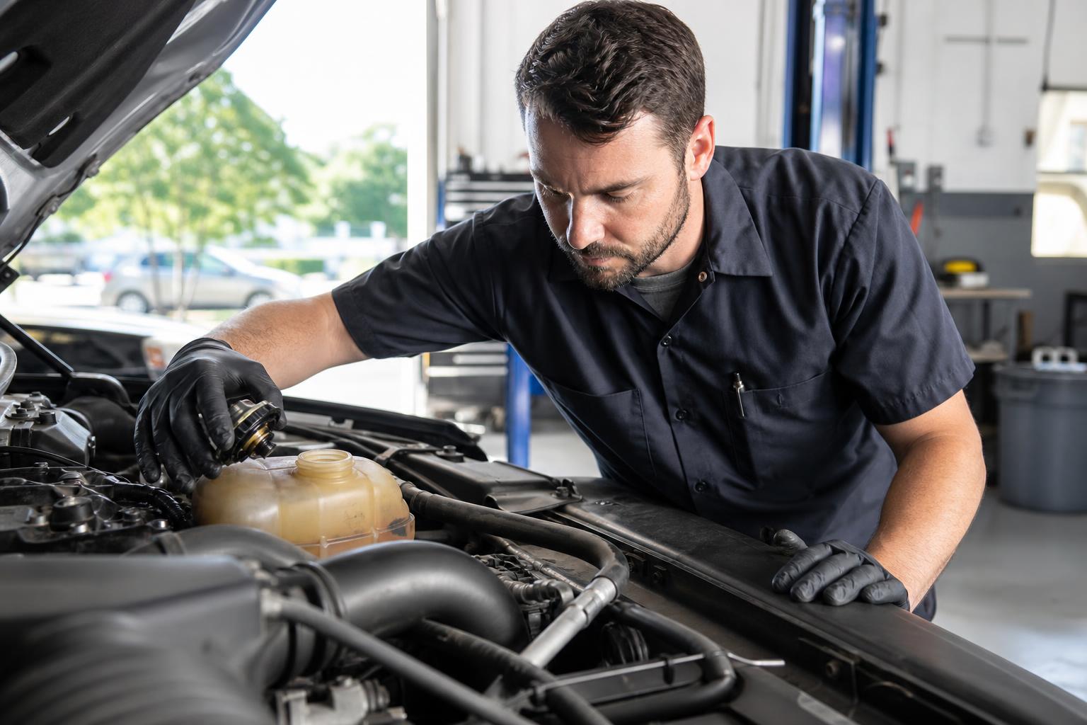 Technician checking engine coolant and radiator before summer driving in Boulder