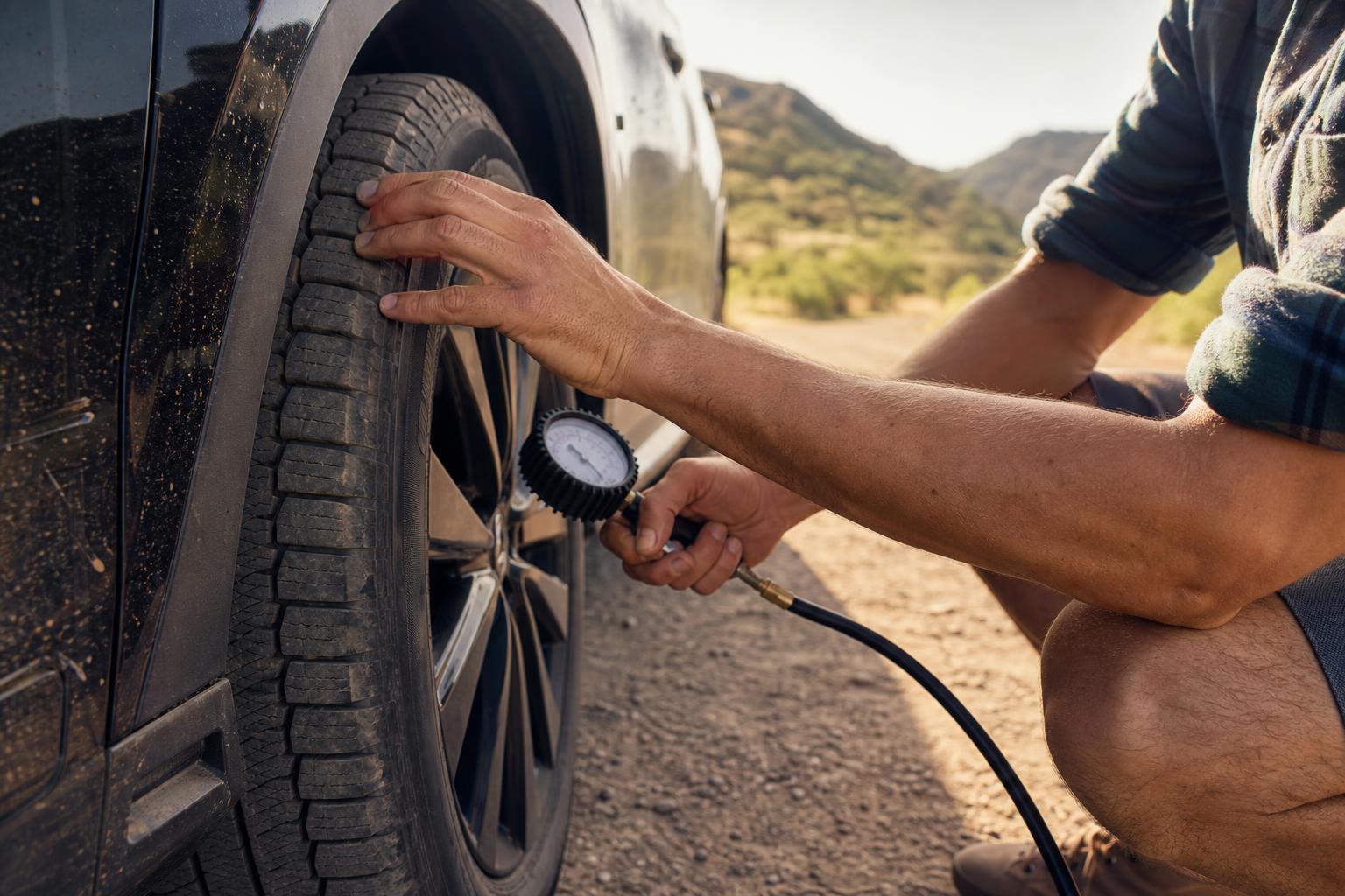 Checking tire pressure and tread on an SUV before a Colorado summer road trip