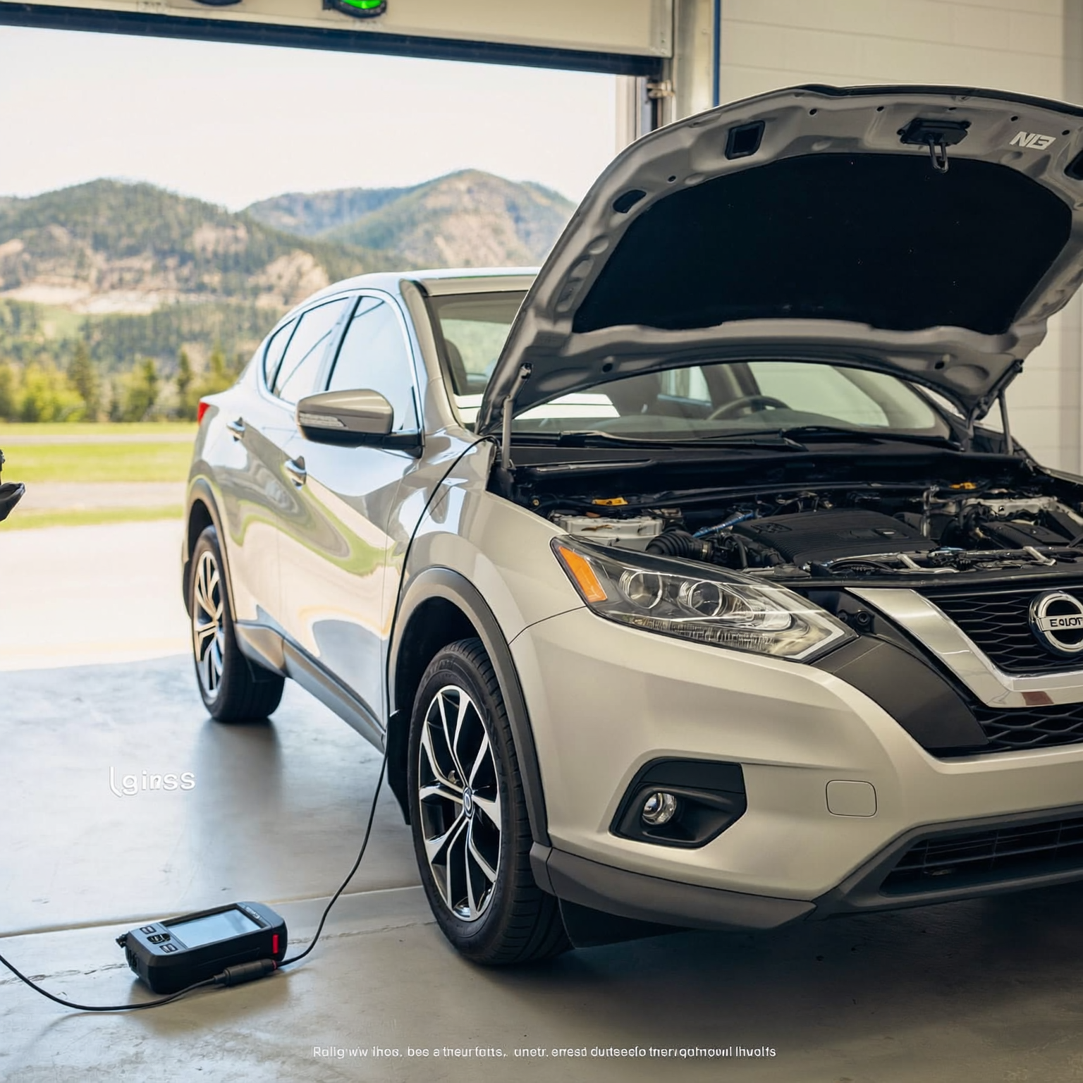 Nissan crossover with its hood open and a diagnostic scan tool connected in a Front Range repair bay.