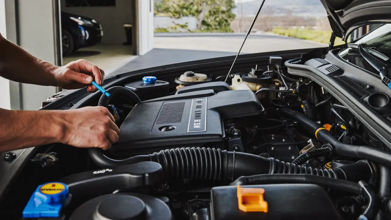 Technician hands inspecting a modern car engine in a repair bay.