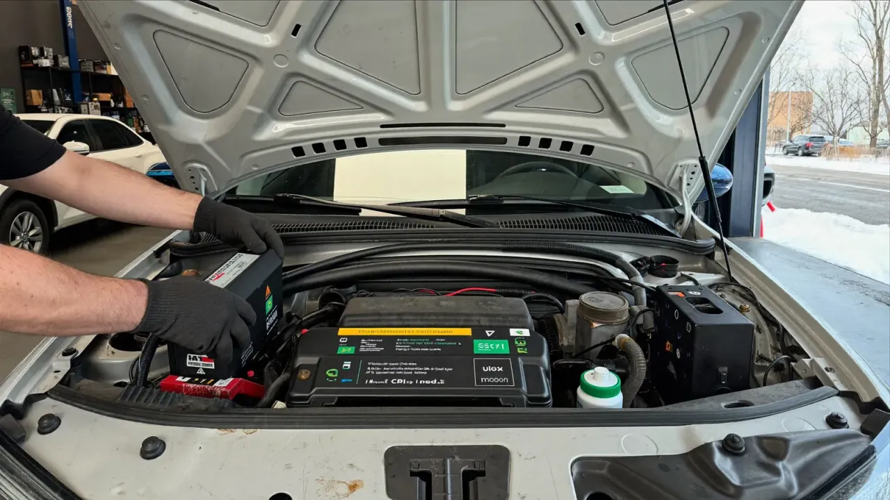 A technician testing a car battery and checking coolant with snow outside the shop.